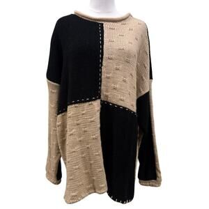 Bergdorf Goodman Colorblock Hand Knit Wool Sweater Patchwork Black Beige Large